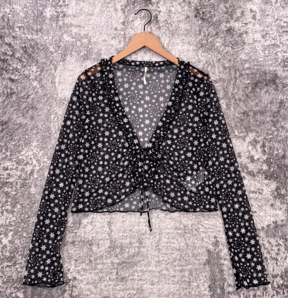 Free People Top Small Womens Black Mesh Star Long Sleeve Tie Front Cardigan